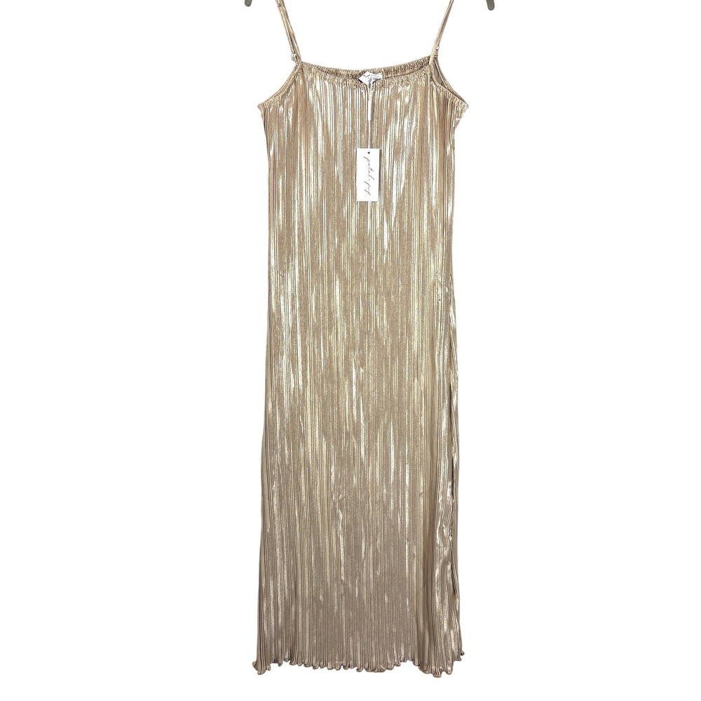 Petal and Pup Gold Metallic Pleated Midi Dress Sleeveless Adjustable Straps M